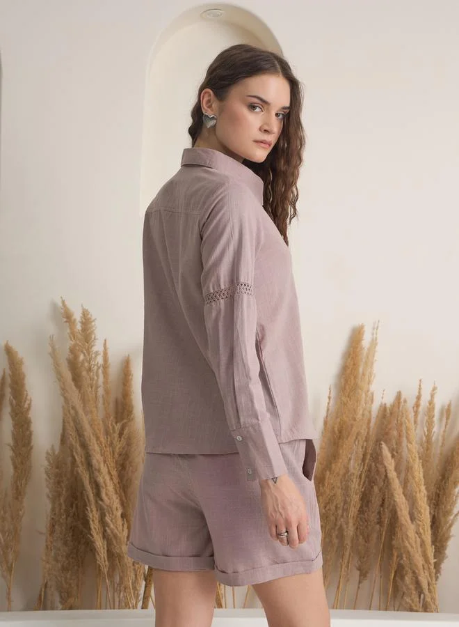 sanskrutihomes Women Purple Pure Cotton Shirt and Shorts Co-Ords